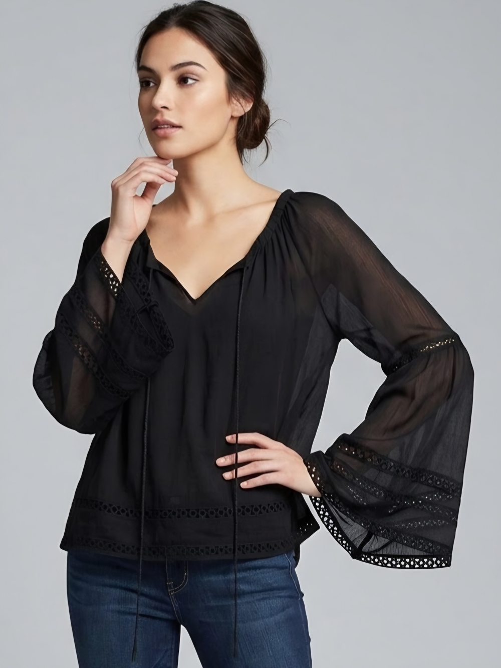 Guess Black Sheer Peasant Blouse with Lace Insets